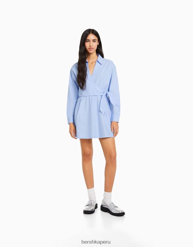 azul claro Bershka mujer mini vestido camisero de manga larga con detalle cruzado 806J6B111