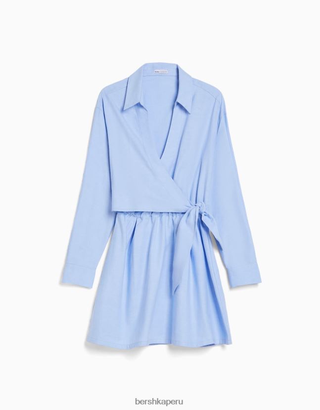 azul claro Bershka mujer mini vestido camisero de manga larga con detalle cruzado 806J6B4109