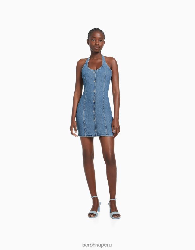 azul claro Bershka mujer mini vestido de mezclilla con botones 806J6B188