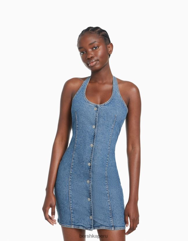 azul claro Bershka mujer mini vestido de mezclilla con botones 806J6B188
