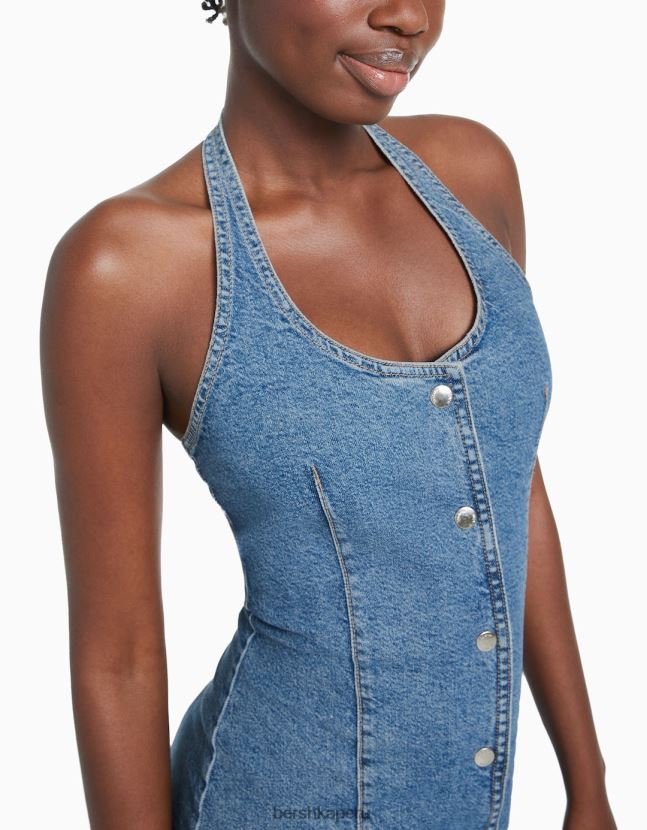 azul claro Bershka mujer mini vestido de mezclilla con botones 806J6B188