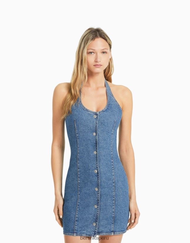 azul claro Bershka mujer mini vestido de mezclilla con botones 806J6B1948
