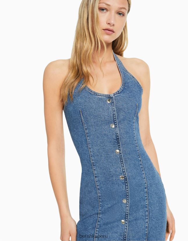 azul claro Bershka mujer mini vestido de mezclilla con botones 806J6B1948