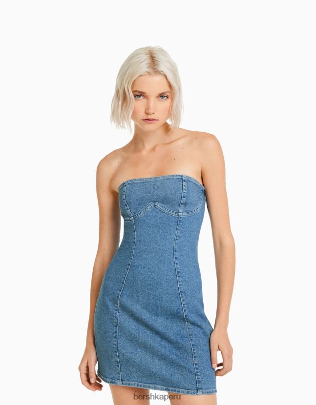 azul claro Bershka mujer mini vestido de mezclilla con hombros descubiertos 806J6B1827