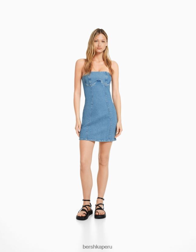 azul claro Bershka mujer mini vestido de mezclilla con hombros descubiertos 806J6B1947