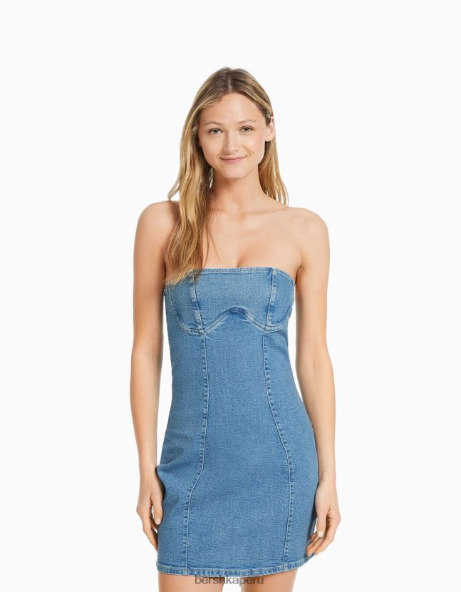 azul claro Bershka mujer mini vestido de mezclilla con hombros descubiertos 806J6B1947
