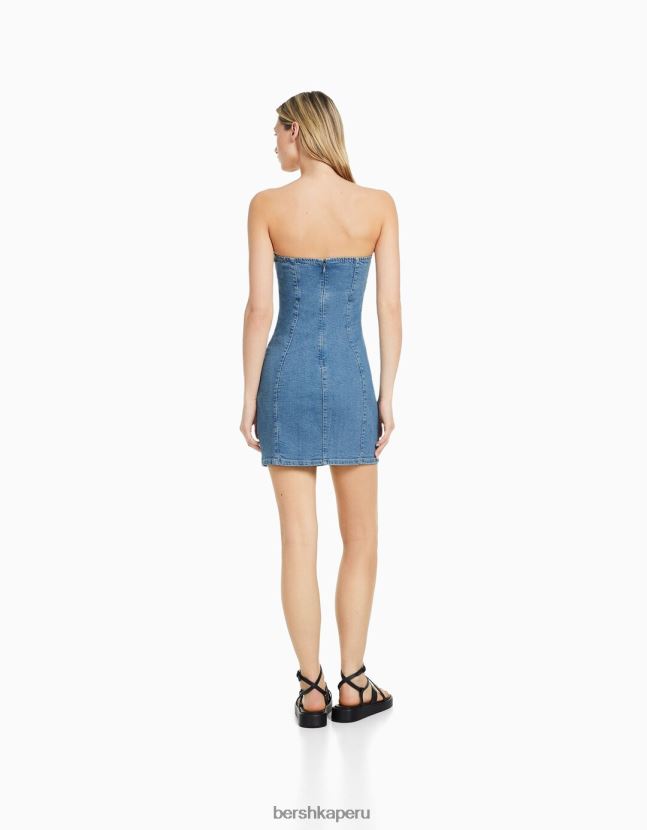 azul claro Bershka mujer mini vestido de mezclilla con hombros descubiertos 806J6B1947