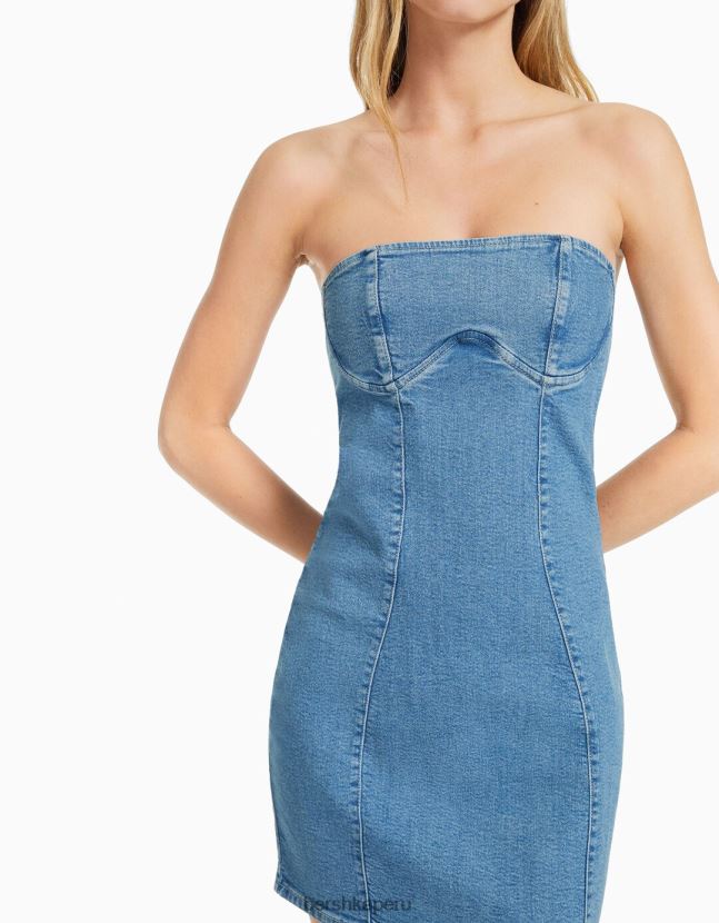 azul claro Bershka mujer mini vestido de mezclilla con hombros descubiertos 806J6B1947
