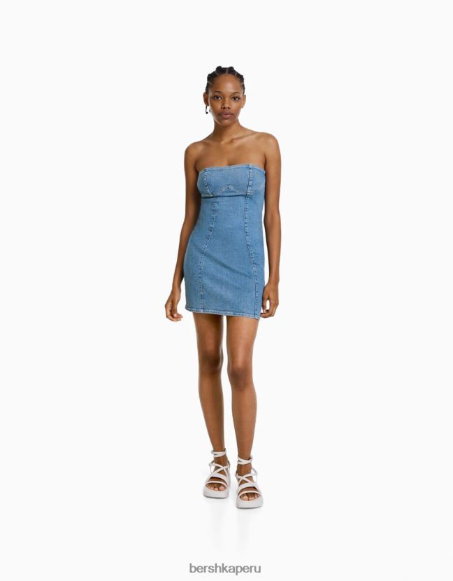 azul claro Bershka mujer mini vestido de mezclilla con hombros descubiertos 806J6B1977