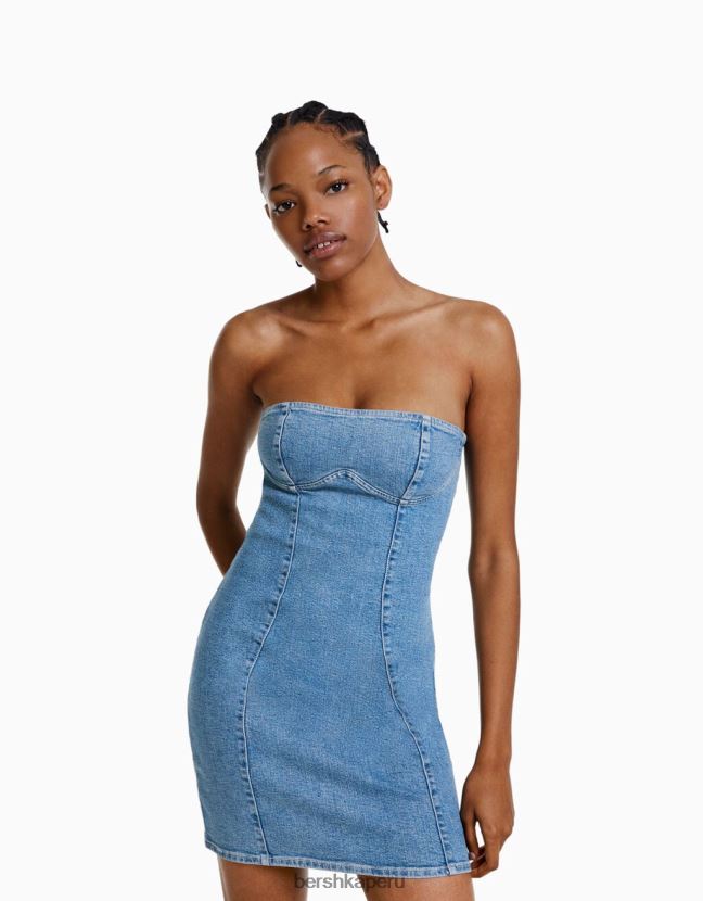 azul claro Bershka mujer mini vestido de mezclilla con hombros descubiertos 806J6B1977