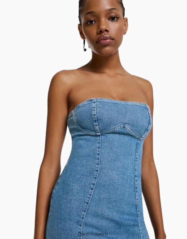 azul claro Bershka mujer mini vestido de mezclilla con hombros descubiertos 806J6B1977