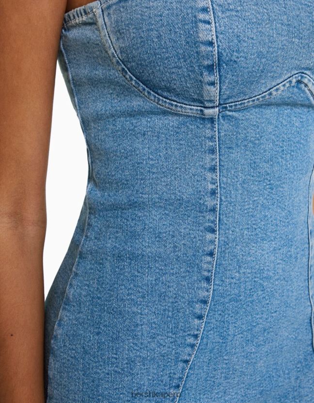 azul claro Bershka mujer mini vestido de mezclilla con hombros descubiertos 806J6B1977