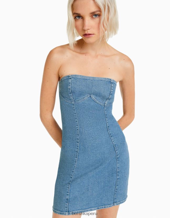 azul claro Bershka mujer mini vestido de mezclilla con hombros descubiertos 806J6B83