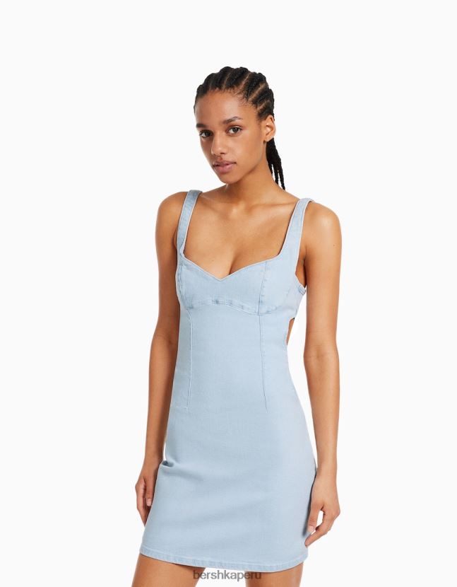 azul claro Bershka mujer minivestido de tiras con aberturas y detalles de pedrería 806J6B41