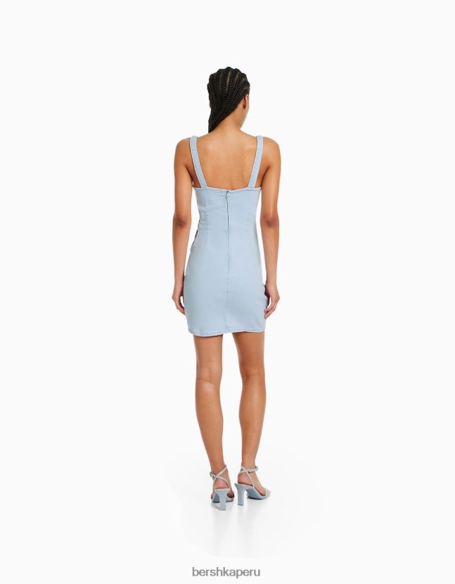 azul claro Bershka mujer minivestido de tiras con aberturas y detalles de pedrería 806J6B41