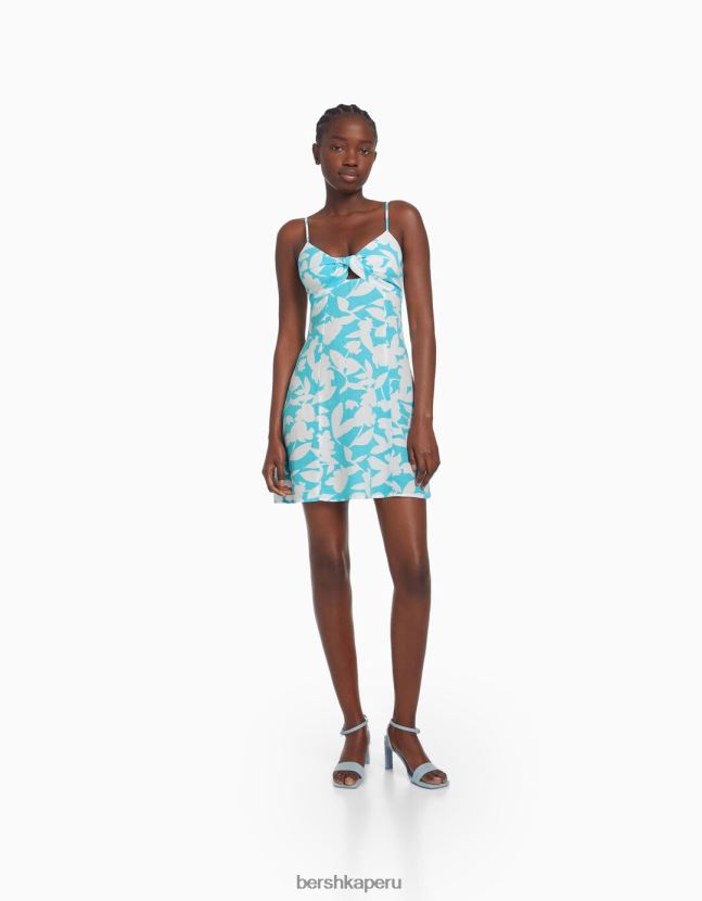 azul claro Bershka mujer vestido corto de mezcla de lino con tiras y nudo 806J6B73