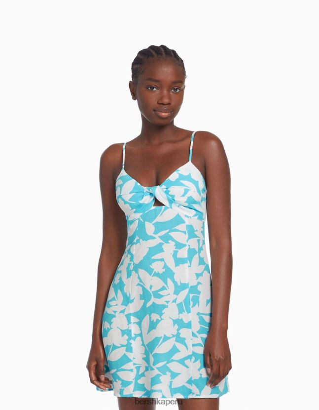 azul claro Bershka mujer vestido corto de mezcla de lino con tiras y nudo 806J6B73