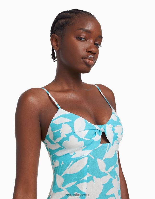 azul claro Bershka mujer vestido corto de mezcla de lino con tiras y nudo 806J6B73
