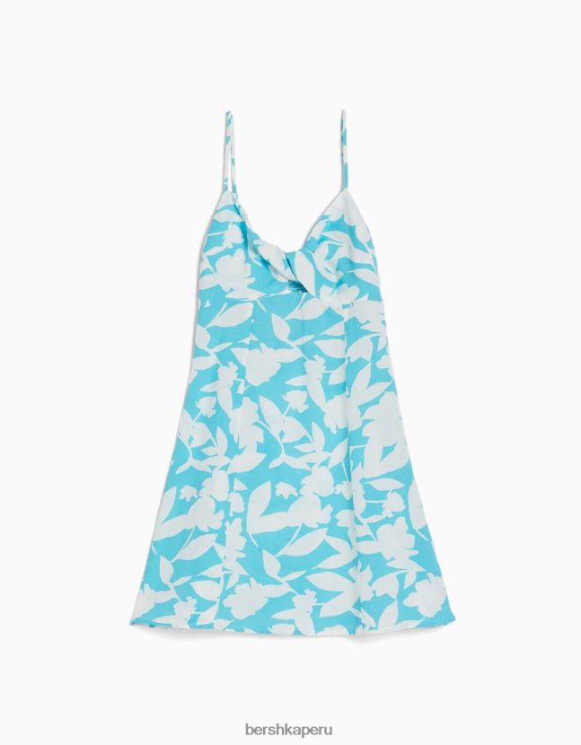 azul claro Bershka mujer vestido corto de mezcla de lino con tiras y nudo 806J6B73