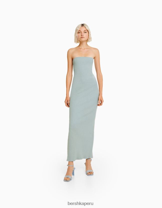 azul claro Bershka mujer vestido largo bandeau de canalé con efecto lavado 806J6B1828