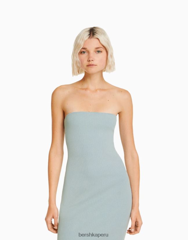 azul claro Bershka mujer vestido largo bandeau de canalé con efecto lavado 806J6B1828