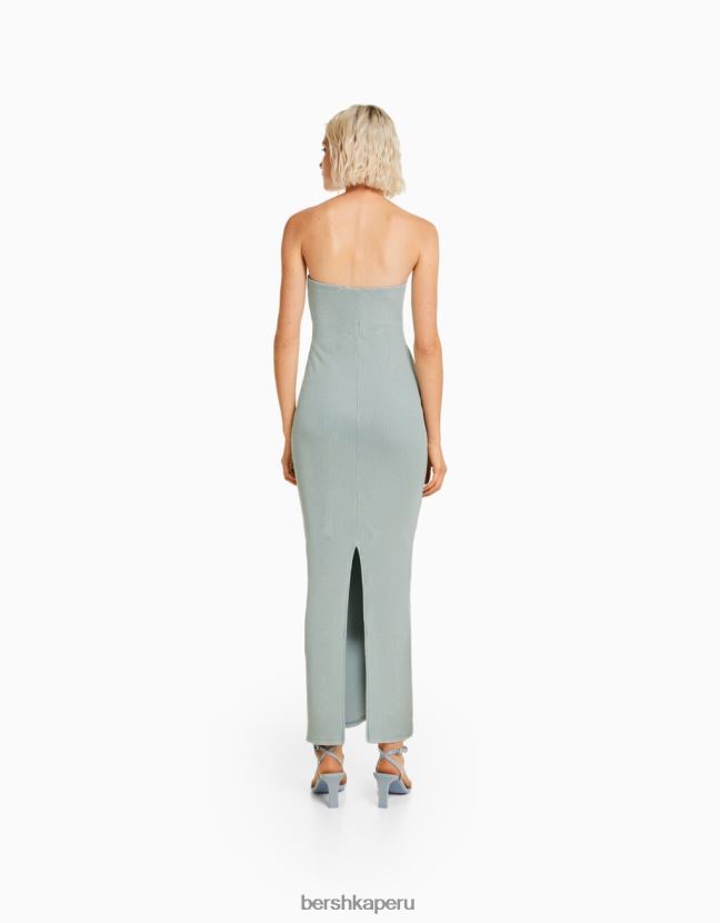 azul claro Bershka mujer vestido largo bandeau de canalé con efecto lavado 806J6B1828