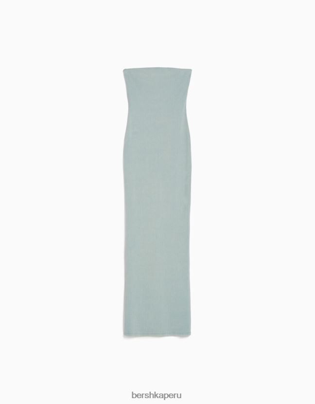 azul claro Bershka mujer vestido largo bandeau de canalé con efecto lavado 806J6B1828