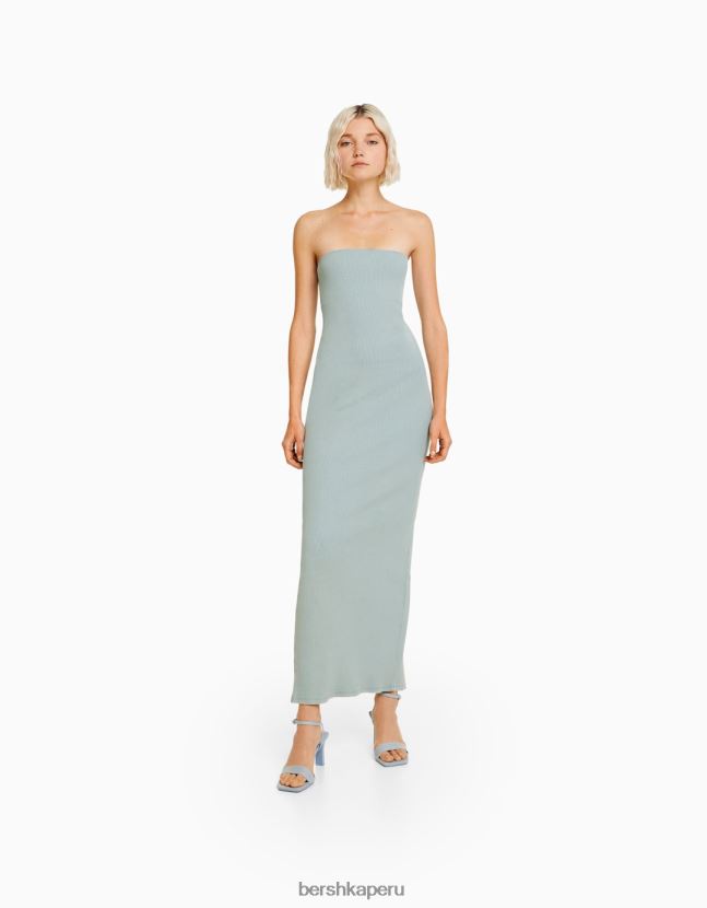 azul claro Bershka mujer vestido largo bandeau de canalé con efecto lavado 806J6B44