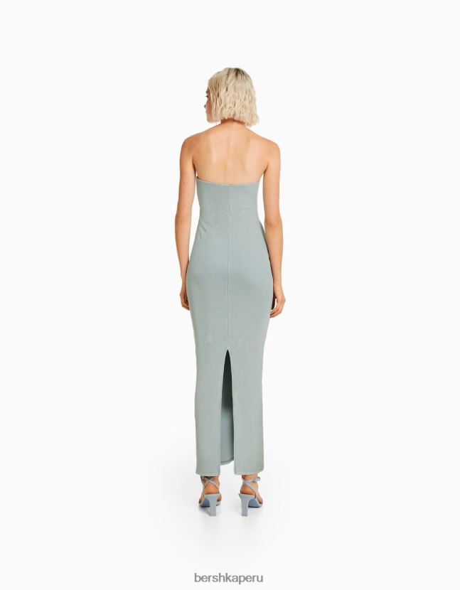 azul claro Bershka mujer vestido largo bandeau de canalé con efecto lavado 806J6B44