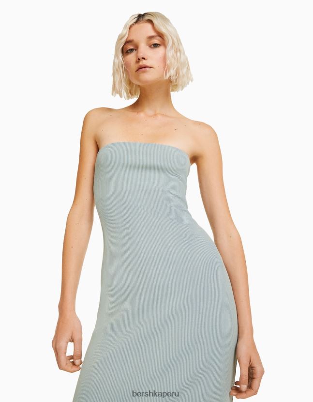 azul claro Bershka mujer vestido largo bandeau de canalé con efecto lavado 806J6B44