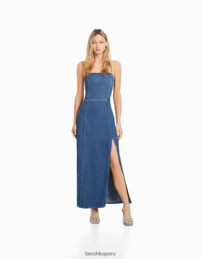 azul claro Bershka mujer vestido largo de mezclilla con espalda abierta 806J6B187