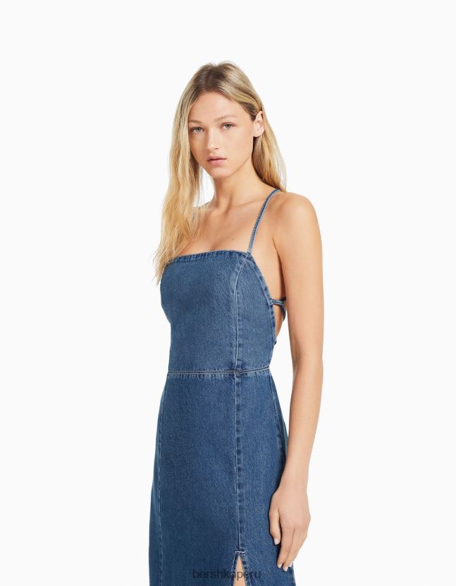azul claro Bershka mujer vestido largo de mezclilla con espalda abierta 806J6B187