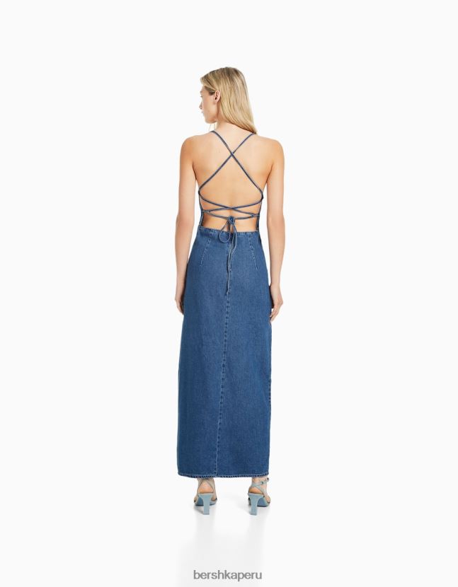 azul claro Bershka mujer vestido largo de mezclilla con espalda abierta 806J6B187