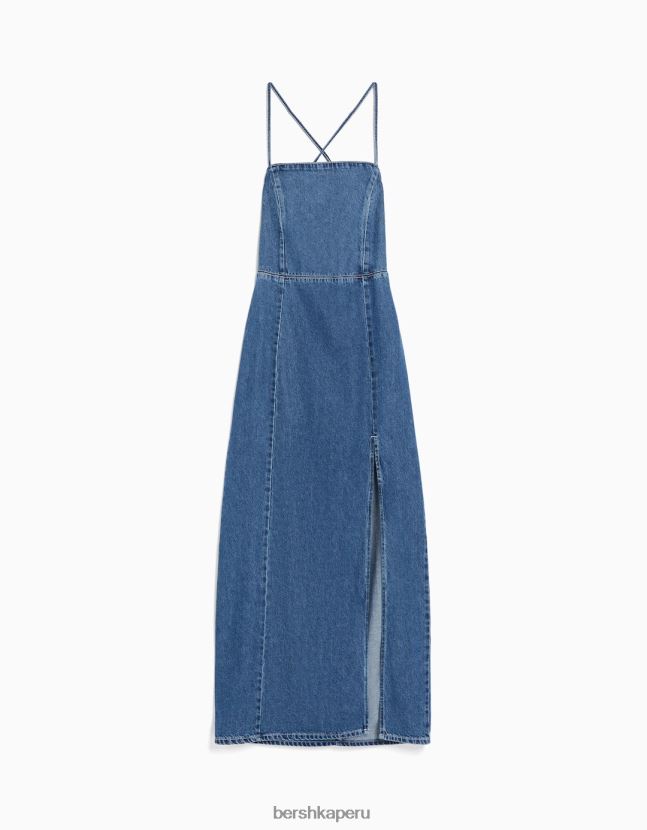 azul claro Bershka mujer vestido largo de mezclilla con espalda abierta 806J6B187