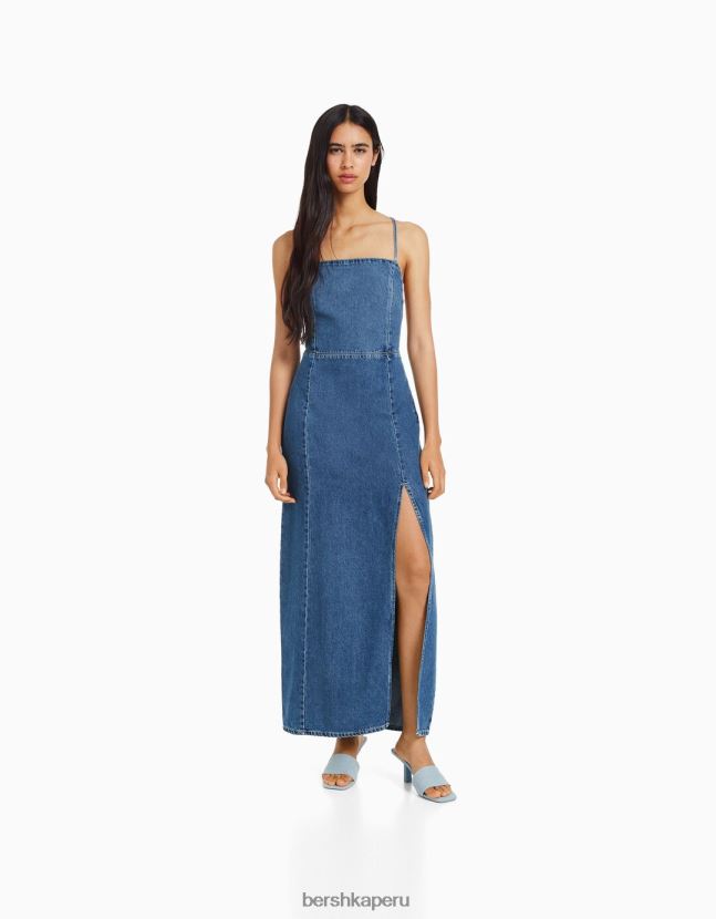 azul claro Bershka mujer vestido largo de mezclilla con espalda abierta 806J6B1940