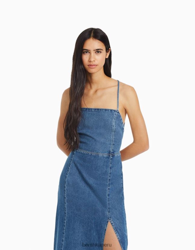 azul claro Bershka mujer vestido largo de mezclilla con espalda abierta 806J6B1940