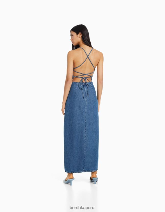 azul claro Bershka mujer vestido largo de mezclilla con espalda abierta 806J6B1940