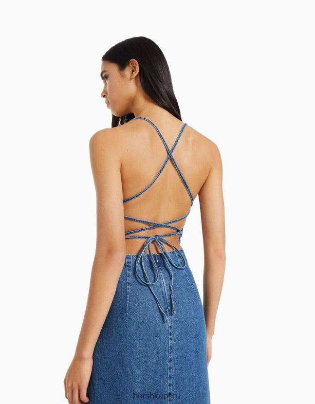 azul claro Bershka mujer vestido largo de mezclilla con espalda abierta 806J6B1940