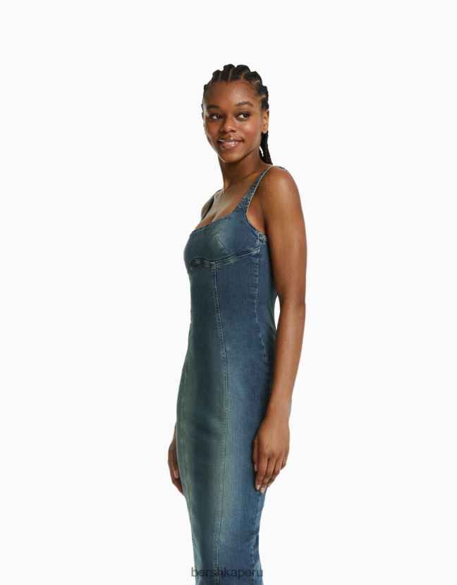 azul claro Bershka mujer vestido largo de mezclilla con tiras y efecto desteñido 806J6B1941
