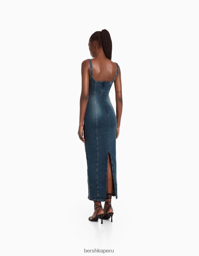 azul claro Bershka mujer vestido largo de mezclilla con tiras y efecto desteñido 806J6B1941