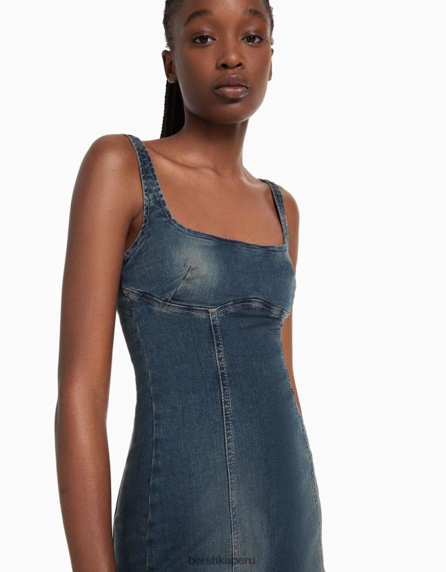 azul claro Bershka mujer vestido largo de mezclilla con tiras y efecto desteñido 806J6B1941