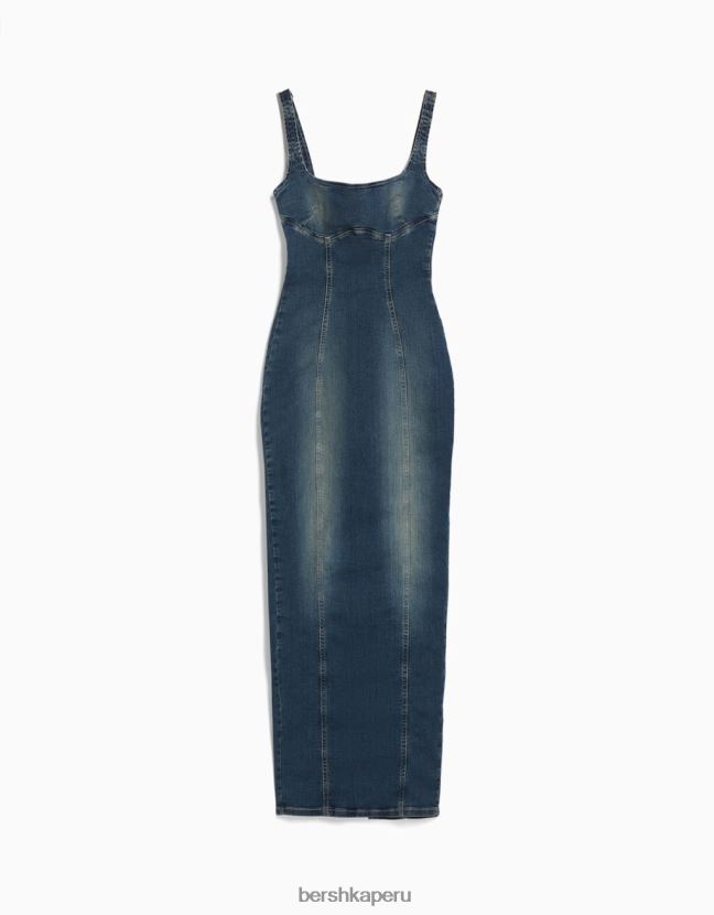 azul claro Bershka mujer vestido largo de mezclilla con tiras y efecto desteñido 806J6B1941