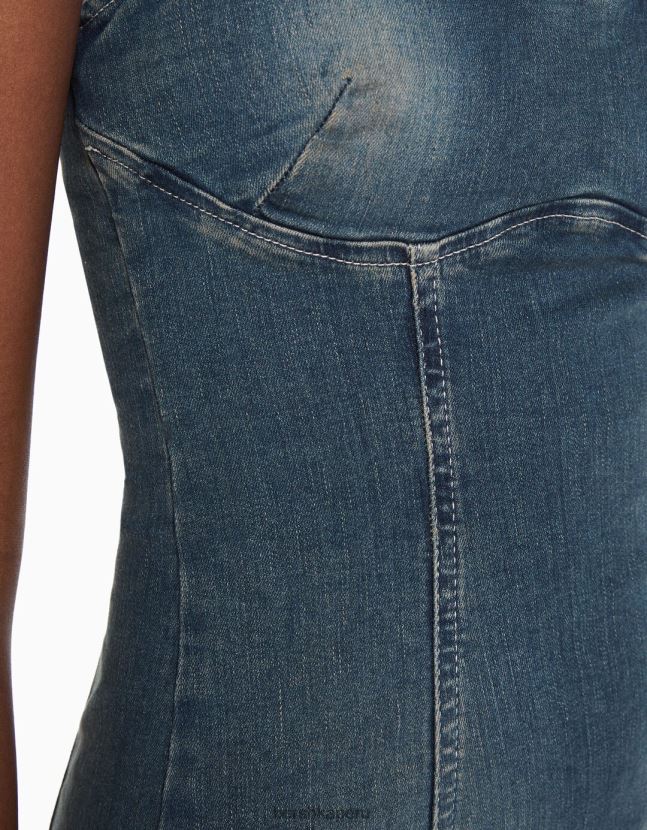 azul claro Bershka mujer vestido largo de mezclilla con tiras y efecto desteñido 806J6B1941