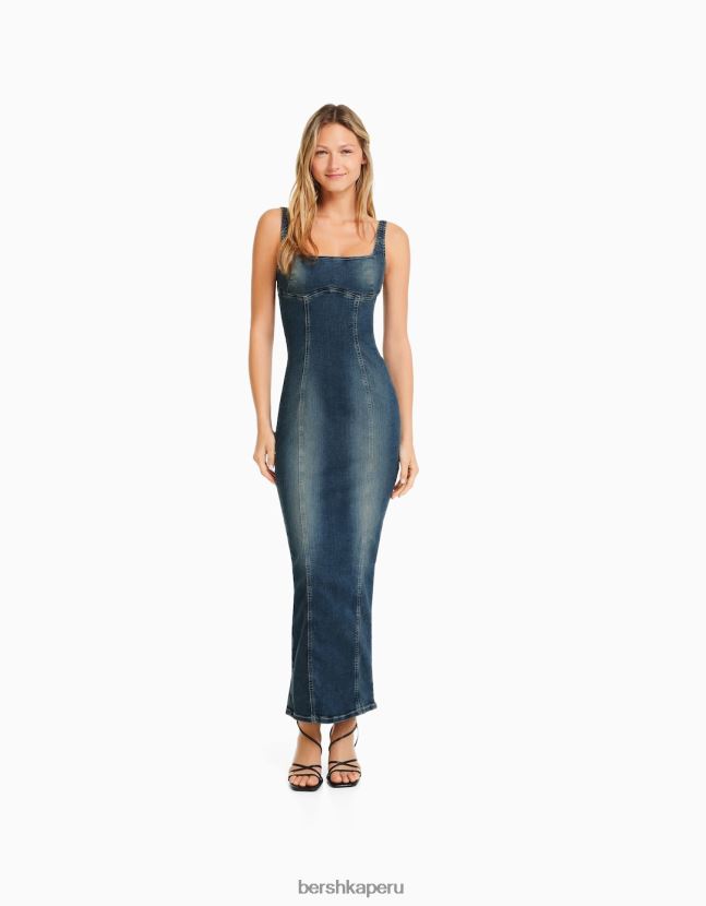 azul claro Bershka mujer vestido largo de mezclilla con tiras y efecto desteñido 806J6B27