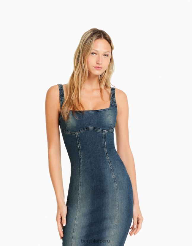 azul claro Bershka mujer vestido largo de mezclilla con tiras y efecto desteñido 806J6B27