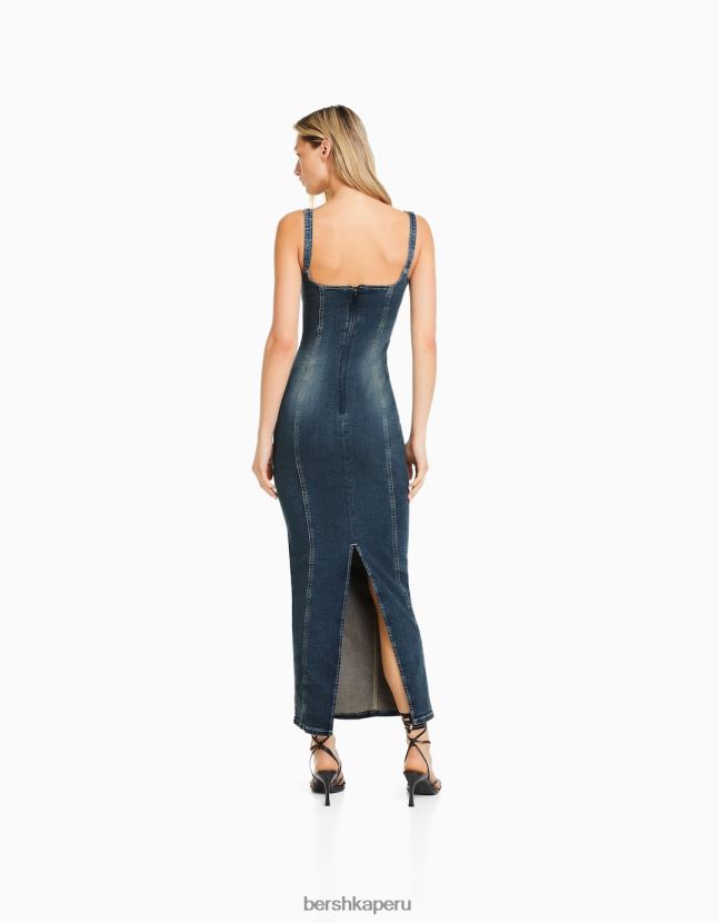 azul claro Bershka mujer vestido largo de mezclilla con tiras y efecto desteñido 806J6B27