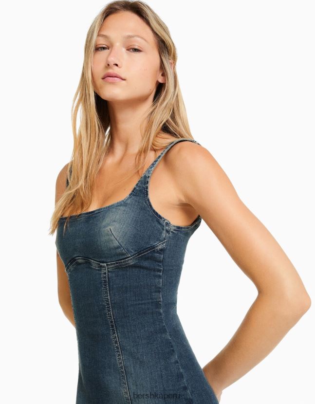 azul claro Bershka mujer vestido largo de mezclilla con tiras y efecto desteñido 806J6B27