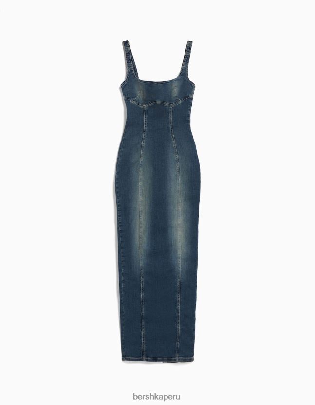 azul claro Bershka mujer vestido largo de mezclilla con tiras y efecto desteñido 806J6B27
