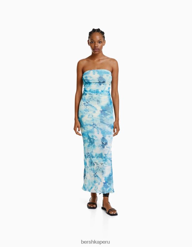 azul claro Bershka mujer vestido midi de tul con hombros descubiertos y estampado 806J6B210