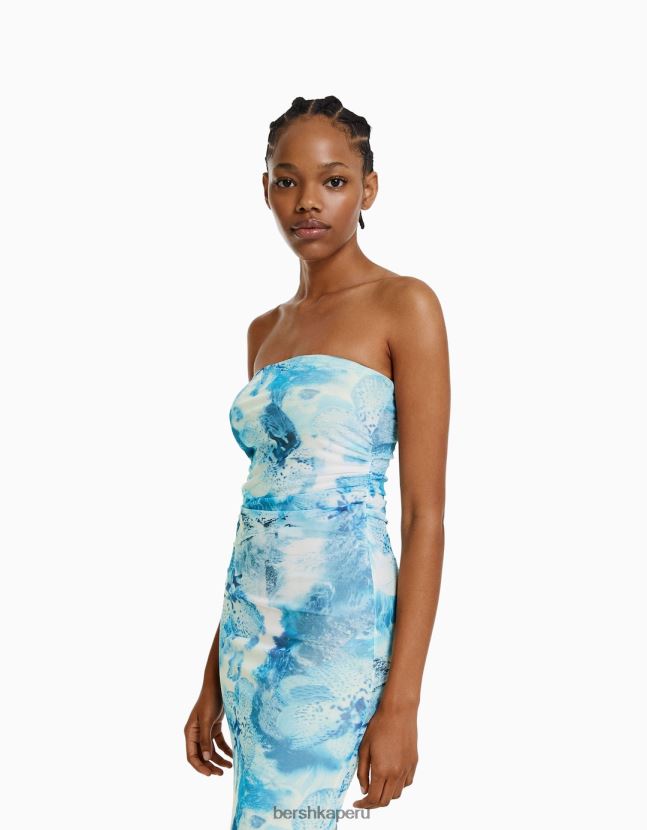 azul claro Bershka mujer vestido midi de tul con hombros descubiertos y estampado 806J6B210